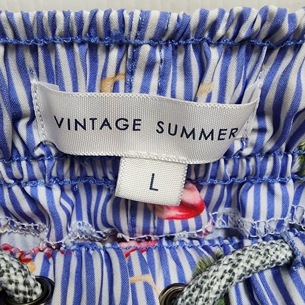 Vintage Summer Men Blue Striped Pink Flamingo Swim Trunks Size L Beach Vacation